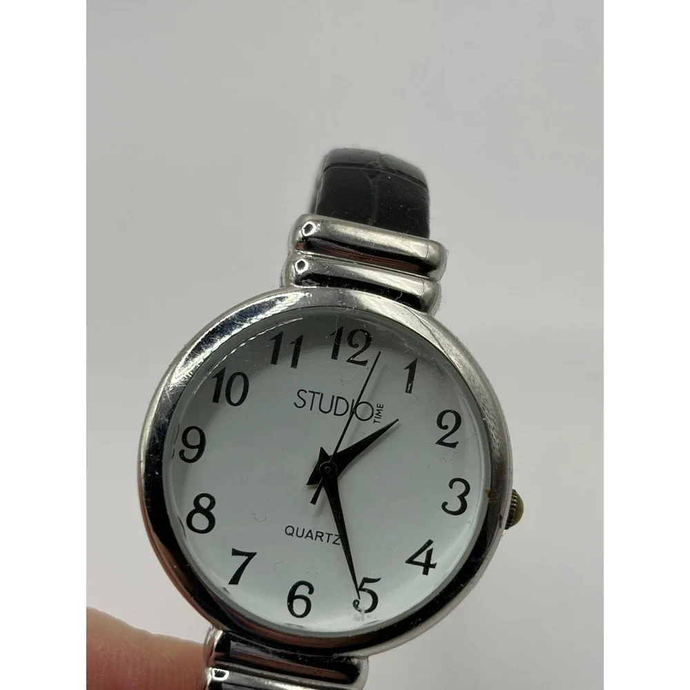 Studio Time Women Silver Tone Black Leather Cuff Quartz Watch‎